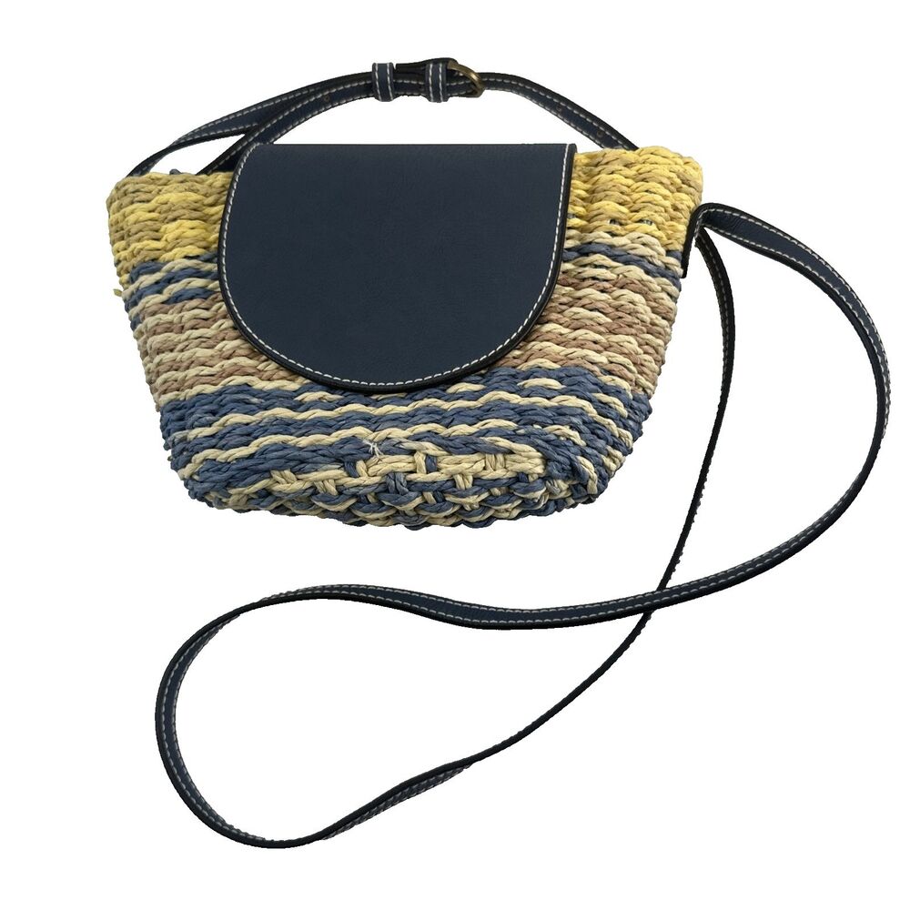 Universal Thread Straw Purse Flap Snap Blue Faux Leather Yellow Striped Small